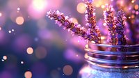 Fresh lavender sprigs in glass jar against purple bokeh background with magical glowing lights and sparkles creating dreamy romantic atmosphere.