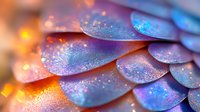 Macro photography of iridescent scales with water droplets creating magical sparkle effect in orange and blue tones, abstract nature background with bokeh lights.