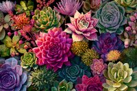 Vibrant collection of colorful succulent plants with pink, purple, green, and blue rosettes creating a lush botanical arrangement.