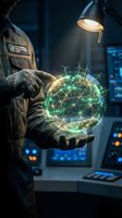 Engineer holding glowing digital network sphere with green connections in modern laboratory workspace representing innovation and technology advancement.