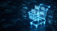 Digital shopping cart with holographic interface elements floating above circuit board background for ecommerce and online retail technology concepts.
