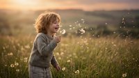 Young child with light curly hair blowing dandelion seeds in a sunlit meadow during golden hour, surrounded by wildflowers and natural landscape.