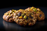 Homemade oatmeal cookies with mixed nuts, raisins and pistachios on dark background. Fresh baked healthy snack with natural ingredients and whole grains.