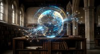 Futuristic holographic brain projection floating above ancient library table with glowing neural networks and digital connections in gothic academic setting.