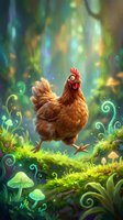 Cartoon brown hen in magical forest with glowing mushrooms and swirling vines for children's books and fantasy storytelling projects.