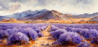 Scenic lavender field landscape with purple blooming flowers stretching towards majestic mountains at sunset, digital art illustration perfect for wall decor and nature-inspired designs.