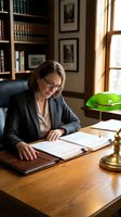 Professional middle-aged Caucasian female lawyer reading legal documents at wooden desk in traditional law office with green banker lamp and bookshelf.