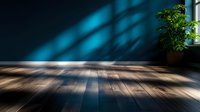 Dramatic empty room interior with wooden floor and dark teal wall, natural window light casting shadows, minimalist modern space for product display.