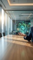 Businessman in modern office displaying holographic evolutionary feedback loops interface with green digital visualization and circuit patterns.