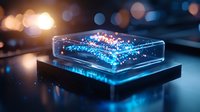 Glowing blue particles floating in transparent glass cube on dark surface with bokeh light effects in background, creating futuristic technological atmosphere.