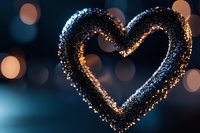 Glowing heart shape with golden sparkles and bokeh lights against dark blue background creates romantic atmosphere for Valentine's Day designs and love themes.