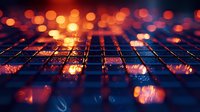 Glowing orange bokeh lights over dark blue geometric grid pattern creating futuristic abstract background with depth and reflection effect. Perfect for tech designs.