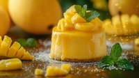 Creamy mango cheesecake topped with fresh mango chunks and mint leaves on golden surface with powdered sugar dusting, macro food photography.