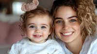 Young Caucasian woman with curly blonde hair and blue eyes smiling with adorable toddler girl in white sweater, close-up portrait showing genuine happiness and family bond.