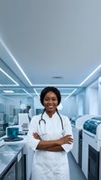 Confident African American female doctor with stethoscope standing in modern medical laboratory with arms crossed and bright smile.