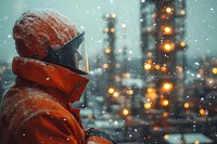 Person in orange winter jacket and beanie looking at falling snow during evening with glowing bokeh lights creating magical winter atmosphere. Cozy seasonal mood.