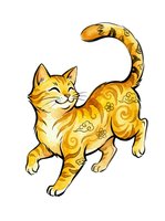 Golden cat with decorative swirl patterns and floral motifs, isolated on white background, ready for clipart, t-shirt design, and merchandise applications.