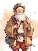 Elderly man with white beard wearing beret, glasses, and oversized coat in watercolor style sketch. Character design shows casual, artistic personality with messenger bag.
