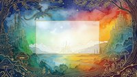 Fantasy landscape frame with ornate botanical border and rainbow gradient sky. Blank space for text or design elements. Decorative nature template.