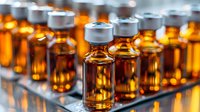 Rows of amber glass medical vials with aluminum caps on reflective surface, shallow depth of field creates blurred background effect for pharmaceutical concept.