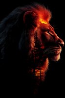 Majestic lion profile silhouette with double exposure effect showing forest and sunset, dramatic red and orange lighting against dark background creates mystical atmosphere.