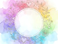 Watercolor rainbow gradient frame with floral doodles and hearts surrounding empty circle space for text or design elements on white background.