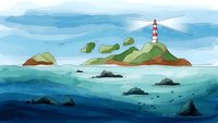 Coastal lighthouse on rocky island with underwater marine life view, split scene showing above and below ocean surface for maritime navigation design.