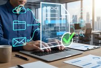 Professional businessman using laptop with digital invoice management system and cloud technology icons in modern office environment for business automation.