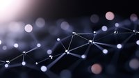 Abstract network of connected nodes with glowing points and lines against dark background, representing digital technology and connectivity.