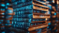 Stack of old hardcover books with blue tinted lighting and bokeh effect in background, creating moody atmospheric library scene with shallow depth of field.