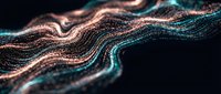 Abstract flowing wave particles in copper and teal colors creating dynamic digital motion against dark background for modern technology designs.