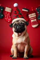 Adorable pug wearing festive Christmas tree hat sits against red background with hanging stockings, capturing holiday spirit and pet celebration mood.