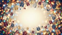 Colorful wrapped gift boxes arranged in circular frame with golden bokeh lights and festive bows on cream background, ideal for holiday promotions and seasonal marketing campaigns.