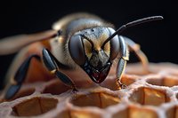 Extreme close up macro photography of honey bee head with detailed compound eyes, antennae and mandibles on honeycomb structure in sharp focus.