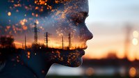 Double exposure silhouette of young woman's profile merged with power lines at sunset, glowing orange particles and bokeh lights creating dreamy atmosphere.