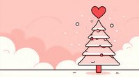 Minimalist Christmas tree with heart topper on pink background, surrounded by fluffy white clouds for holiday greeting cards.