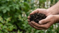 Hands holding rich dark compost soil in garden setting with green plants background for organic farming and sustainable gardening practices.