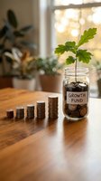 Small plant growing from coins in growth fund jar with stacked coins showing financial investment and money growth concept on wooden table with houseplants.