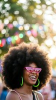 Happy African American woman with afro hairstyle wearing pink sunglasses and green earrings laughing joyfully against colorful bokeh lights background.