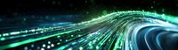 Abstract digital light trails in blue and green tones creating futuristic technology concept with dynamic motion effect.