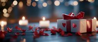 Romantic gift box with red bow and hearts surrounded by glowing candles and scattered heart-shaped petals on dark surface against blurred bokeh lights.