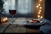 Cozy evening setting with red wine glass, plate of bread and cheese on rustic wooden table, illuminated by warm candlelight and string lights creating romantic atmosphere.
