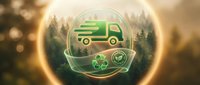 Green delivery truck icon with recycling symbols in glowing sphere against forest background representing eco-friendly sustainable logistics and transportation.