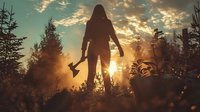 Silhouette of woman holding axe at dramatic sunset in misty forest, creating mysterious and cinematic atmosphere perfect for thriller or horror movie promotion.