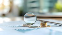 Magnifying glass examining stacked coins on financial documents, illustrating investment analysis, money management and financial planning concept.