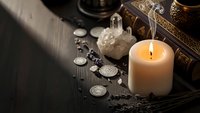 Mystical fortune telling setup with burning candle, ancient coins, crystal quartz and ornate chest on dark wooden surface for divination practices.