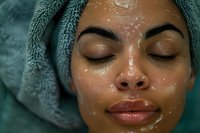 Young African American woman with closed eyes and dewy skin wearing turquoise towel wrap during spa facial treatment, water droplets highlighting natural beauty and skincare.