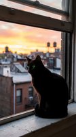 Black cat with striking green eyes sitting on windowsill gazing at urban sunset skyline. Feline silhouette framed by golden hour light reflecting off city buildings and rooftops below.