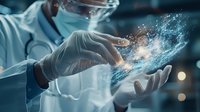 Medical professional in protective gloves manipulating glowing blue digital DNA structure hologram in modern laboratory setting, showcasing advanced biotechnology research.