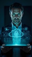 Middle-aged Caucasian male professional holding tablet displaying glowing cloud security interface with padlock symbols and digital network visualization for cybersecurity and data protection concepts.